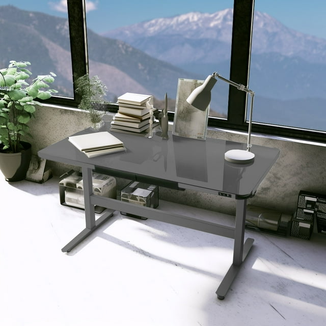 Motionwise M1 Série en Verre Bureau Électrique Assis-Debout à Hauteur Réglable, 48” x 24”, avec Plateau Simple en Verre Trempé (Cendre)