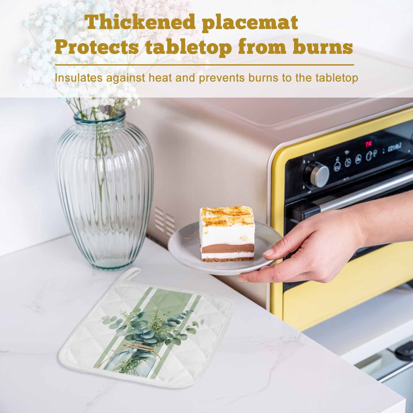 Sage Green Eucalyptus Leaves Pot Holders for Kitchen Heatproof Potholder, 4 Pack Farmhouse Stripe Botanical Hot Pads Multipurpose Oven Pads Cloth Potholders Trivet for Cooking and Baking