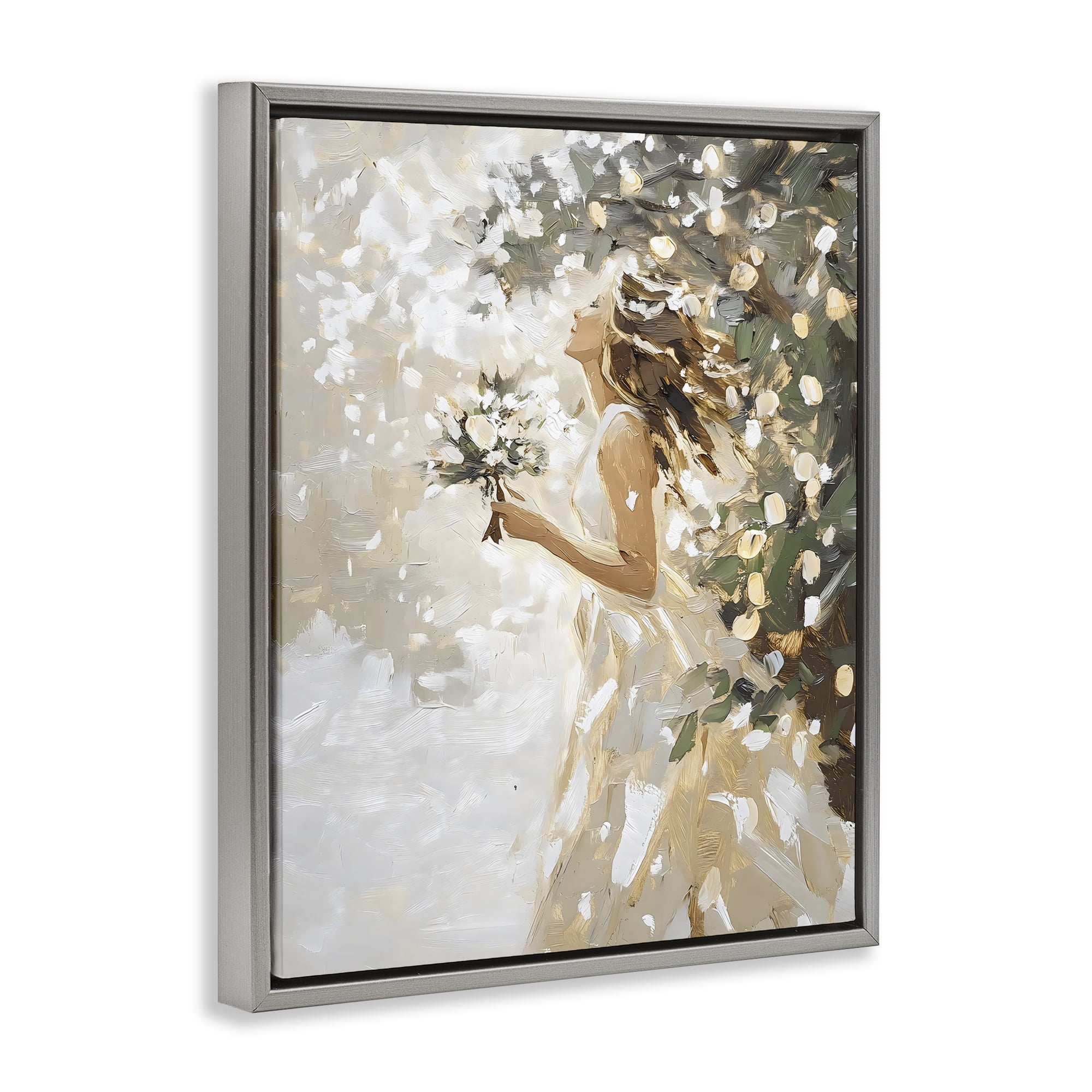 Soft White Snow Flurry Gray Framed Floater Canvas Wall Art, design by LSR Design Studio