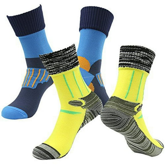 100% Waterproof Hunting Socks for Women, RANDY SUN Women's Breathable Non-Binding Socks Running Jogging Climbing Trekking Mountain Biking Socks For Athletes' Dry Feet(2 Pairs Midcalf Blue&Yellow S)