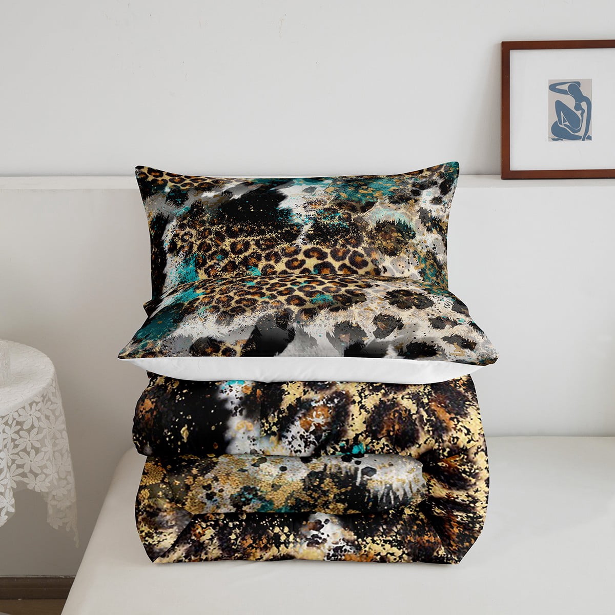 Leopard Print Comforter Set Twin Size,Adults Bedroom Decor,Black White Cow Texture Down Comforter,Abstract Animals Bedding Set,Rustic Farmhouse Duvet Insert