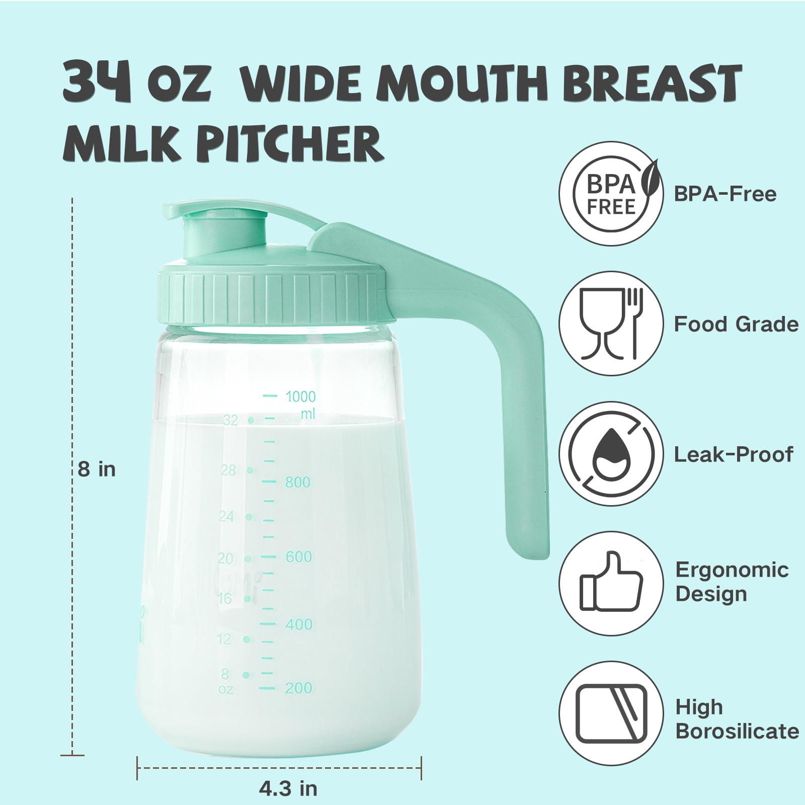 COMI Breast Milk Pitcher, 32oz Mason Jar with Wide Mouth, Breast Milk Fridge Storage Container, Green