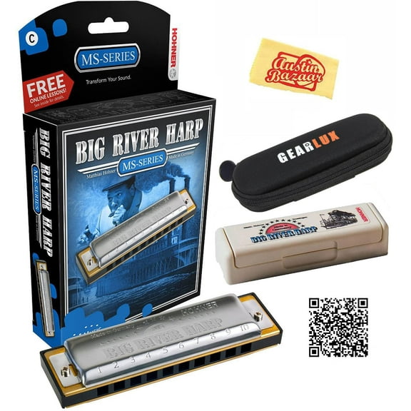 Hohner Big River Harp MS Harmonica - Key of A Bundle with Case, Pouch, Online Manual, and Austin Bazaar Polishing Cloth