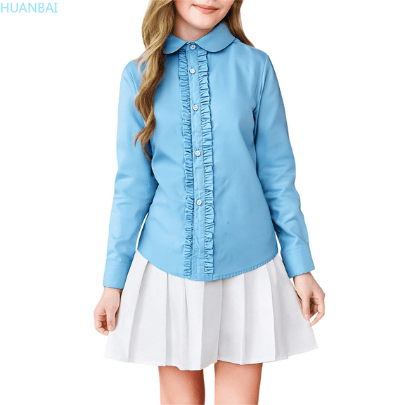 HUANBAI Girls Long Sleeve Blouse Ruffle Trim Dress Shirt For School Performance And Everyday Wear Crewneck Basic Tees 15-16 Years