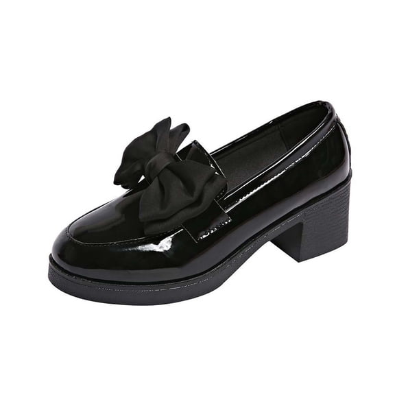 KEGIRLOM Women's Fashionable Casual Loafers All-Season Leather Shoes Solid Color Bow Round Toe Thick Sole Heel Mid-Heel Flats Black 7