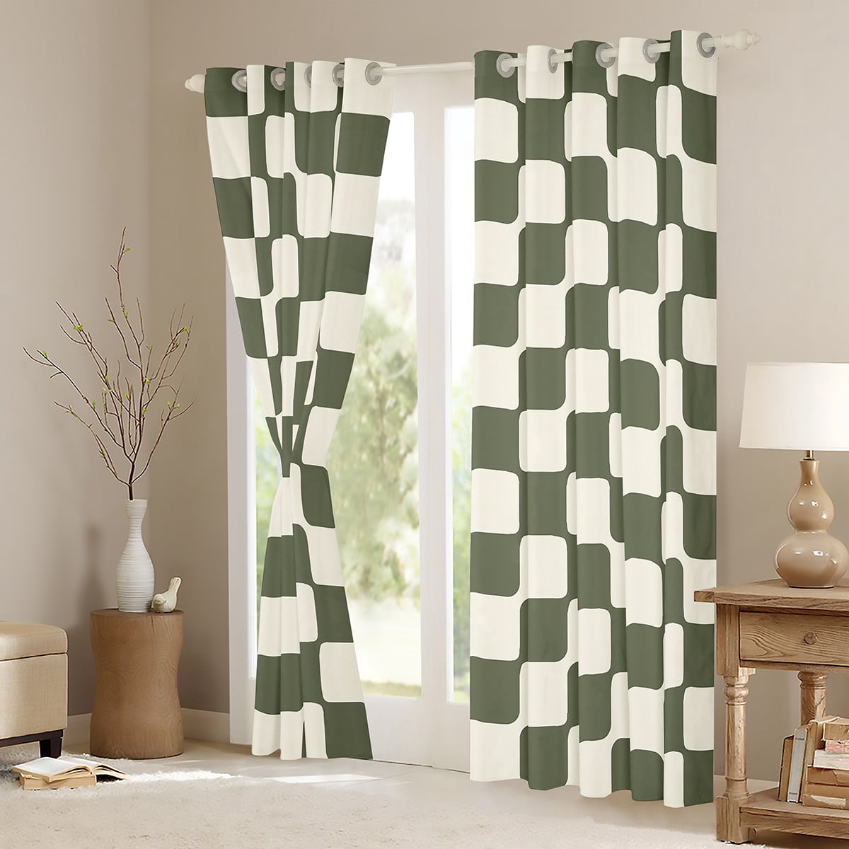Manfei Geometric Plaid Curtains Pack of 2 (38x54),Modern Minimalist Art Black Out Curtains,Green Beige Curtains for Living Room,Breathable Room Decorative