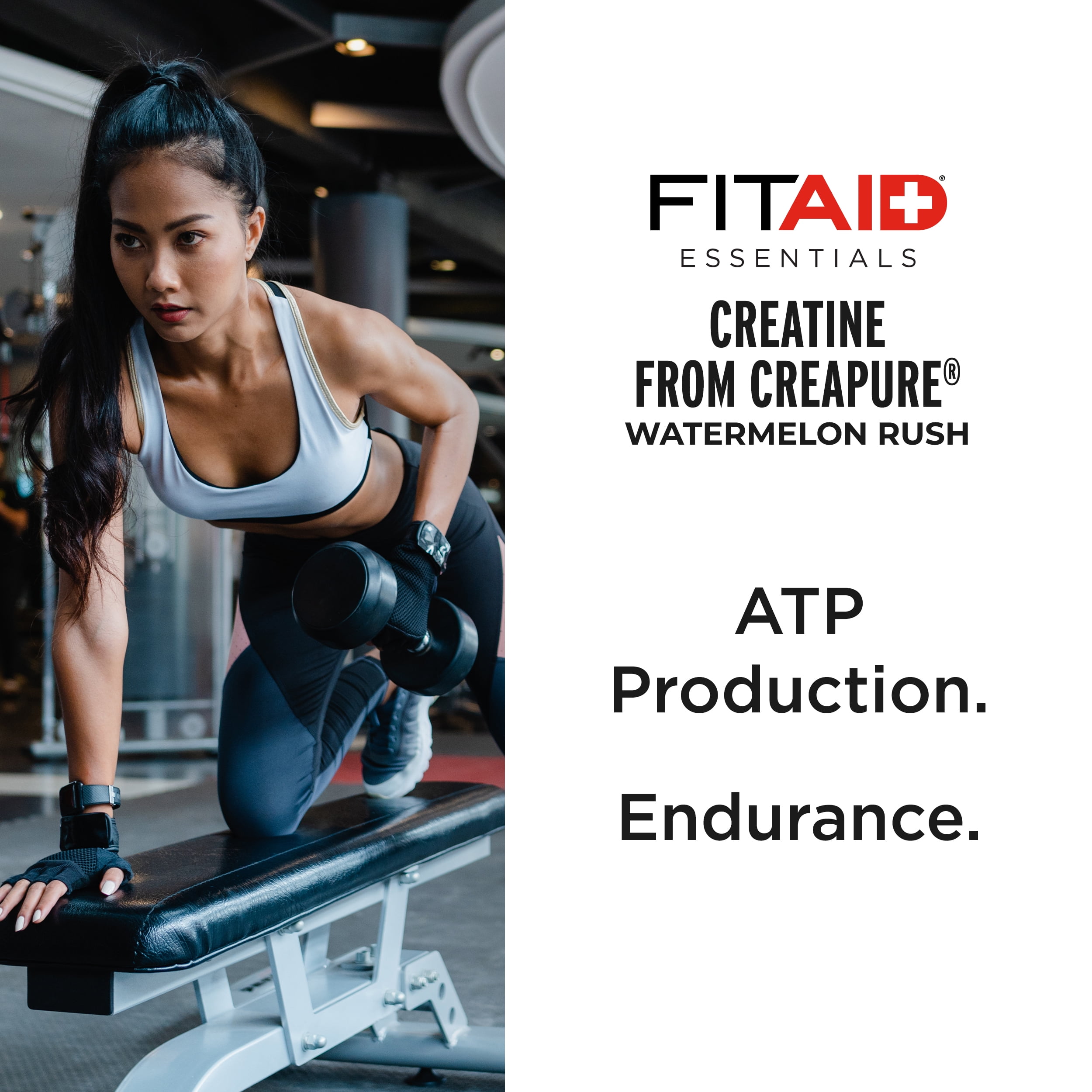 FITAID Essentials Creatine Powder Watermelon Rush, CreaPure Creatine Monohydrate, ATP Production for Weightlifting, Cycling, Zero Sugar, Smooth-Mixing, Easy on Stomach, Resealable, 60 Servings