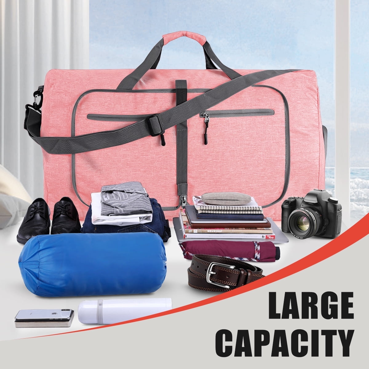 DAKOMM Travel Duffle Bag, 80L Foldable Weekender Bags for Women with Shoe Compartment, Carry on Overnight Bag for Men Women, 28" Gym Travel Bag Water Repellent & Tear Resistant, Pink