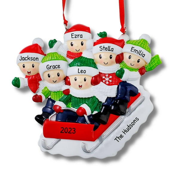 Ornaments by Elves Personalized Family of 6 in Sled Christmas Ornament 2024