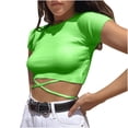 thumbnail image 4 of Samickarr Crop Tops For Women Summer Round Neck Short Sleeve Knit Ribbed Front Cross Back Waist Lace-up Casual Basic Slim Fit Solid Color Tank T Shirts, 4 of 9