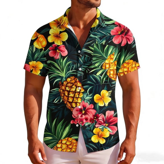 Amzcrzy Hawaiian Shirt for Men Fashion Casual Short Sleeve Button Down Shirts Casual Tops Tropical Print Breathable Beach Vacation Summer Blouse with Pockets S