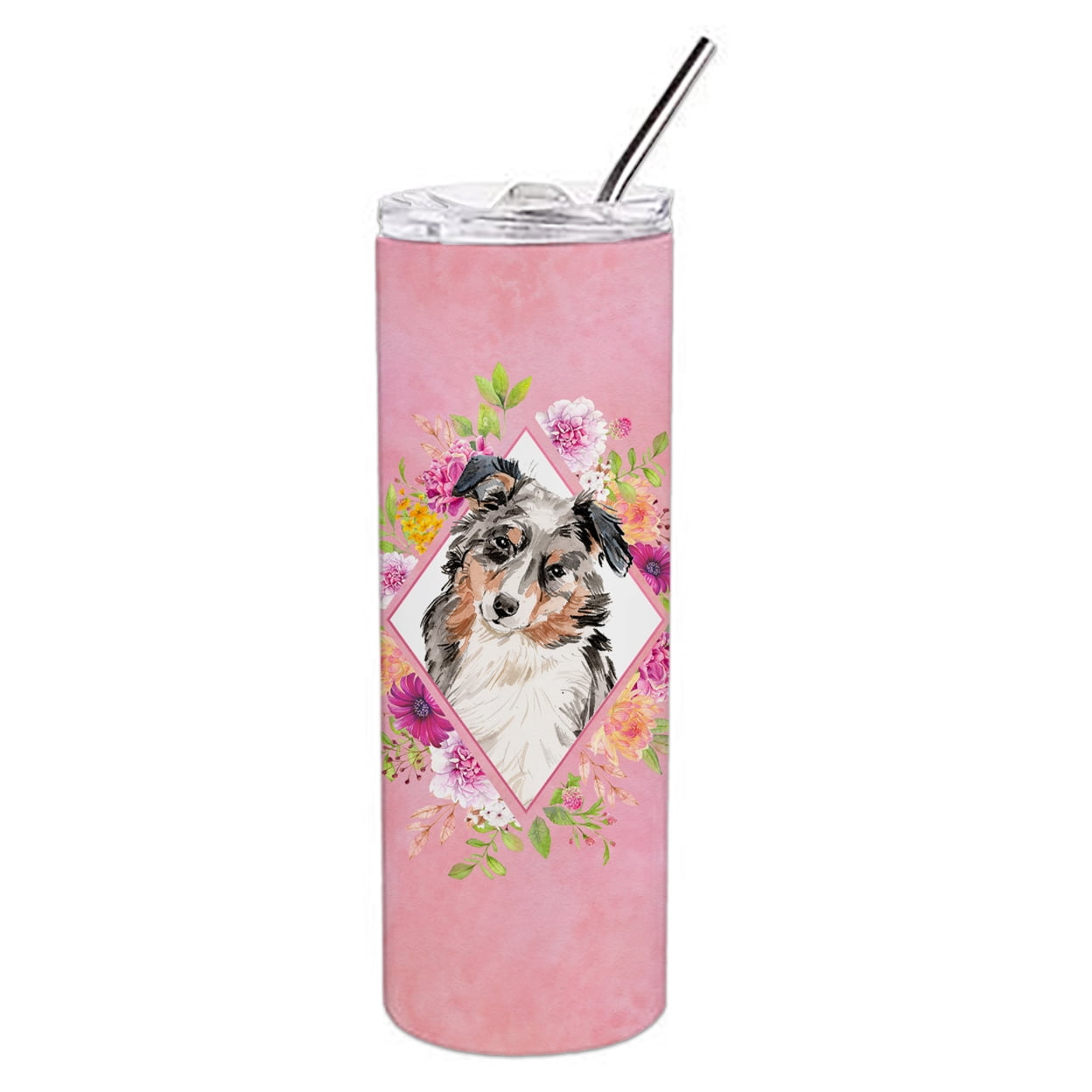 Fawn French Bulldog Pink Flowers Double Walled Stainless  French Bulldog Fawn #3 Stainless Steel 20 oz Skinny Tumbler, Pink display picture 1