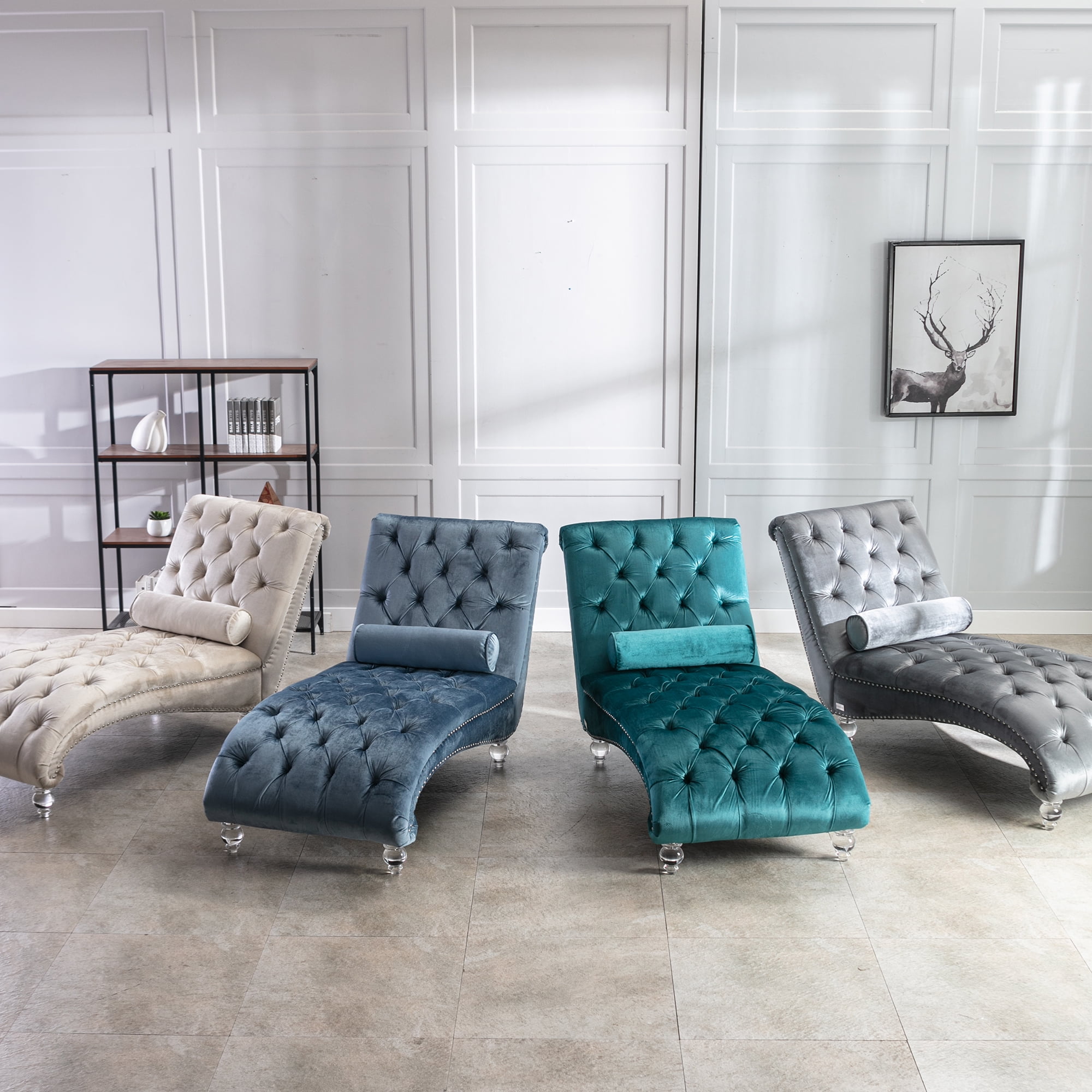 MAYEERTY Velvet Chaise Lounge Indoor,Button-Tufted Upholstered Chaise Lounge Chair with Pillow for Bedroom Living Room Office，Silver Velvet