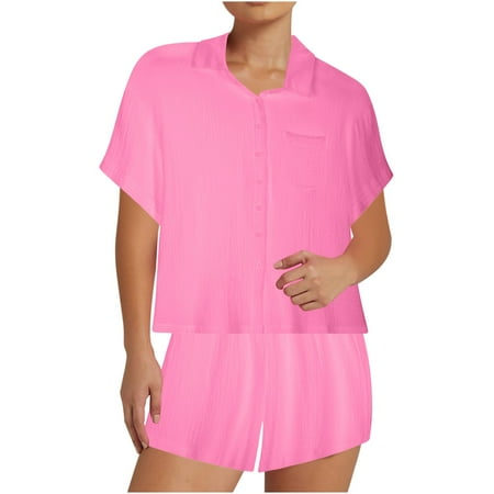 Juslio Pants for Women Fashion Flip Collar Button Pocket Long Sleeved Shirt Loose Wide Leg Two Piece Set Shorts for Women M Hot Pink