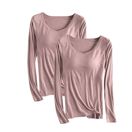 SwiftWear Women s Plus Size Modal Cotton T Shirt Long Sleeve Shirts with Built-in Bra Two Piece Casual Pajama Yoga Top  Khaki 2XL