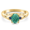 thumbnail image 3 of Gem Stone King 18K Yellow Gold Plated Silver Green Malachite and Blue Created Sapphire 3 Stone Engagement Ring for Women | 2.09 Cttw | Oval 8X6MM | Round 2MM | Gemstone Birthstone | Size 6, 3 of 6