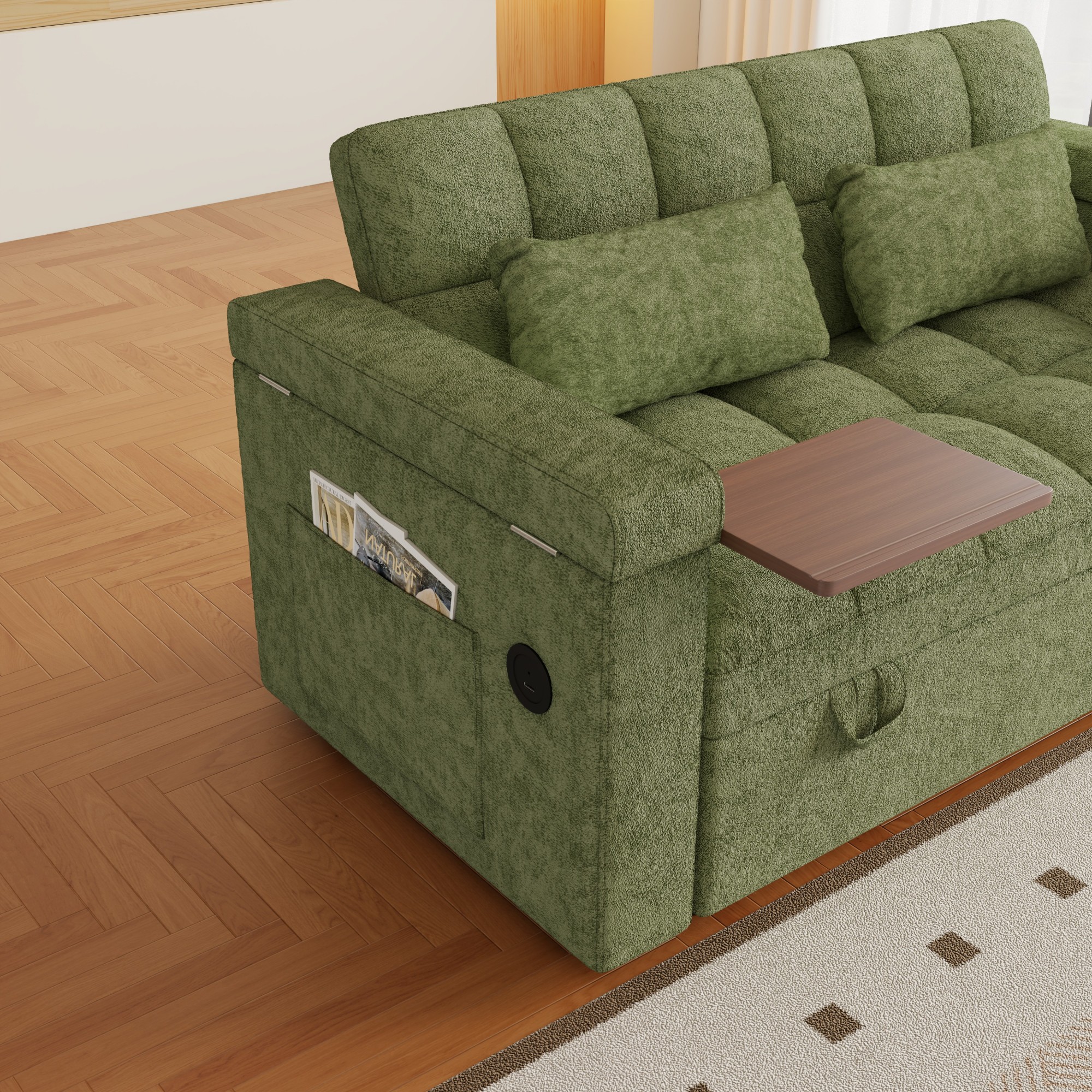 DEALTOPS 65" Chenille 3-in-1 Pull Out Sleeper Sofa Bed, Loveseat Couch with Tray Table & USB, Green
