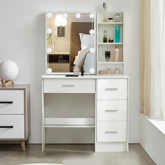 Ciumeeo Vanity Table with Mirror, LED Light, Makeup Vanity with Storage Drawers & Shelves for Girls, White