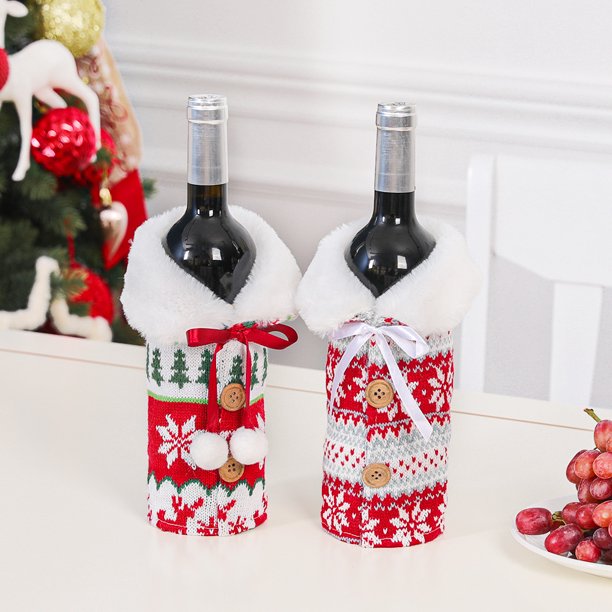 ZHAOCHENG Paquete de 2 bolsas para botellas de vino navideñas, fundas de regalo para botellas de vino vintage, funda para botellas de vino de muñeco de nieve para decoraciones navideñas, suéter navide