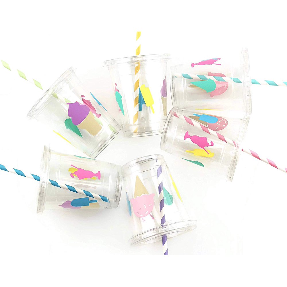 Ice Cream Birthday Party Cups 12 oz Disposable Plastic Lids Straws (12
