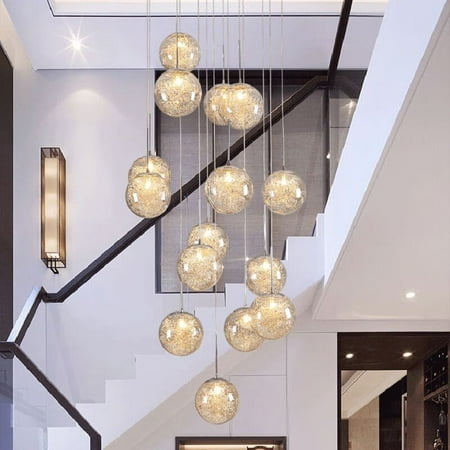 

Litfad Glass Spherical Multi Light Chandelier Simplicity Chrome Hanging Lamp Kit for Stairs 15 Light