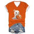thumbnail image 3 of Women's Halloween Shirt Short Sleeves Halloween Pumpkin Prints Loose Casual T-Shirts V Neck Blouses Tops, 3 of 3