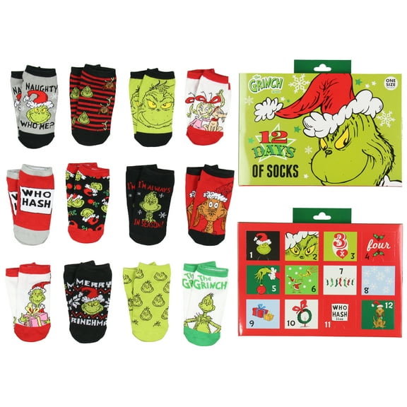 Dr. Seuss The Grinch 12 Days Of Christmas Socks Advent Calendar 12 Day Punch Out Window Adult Ankle No Show Gift Box Set