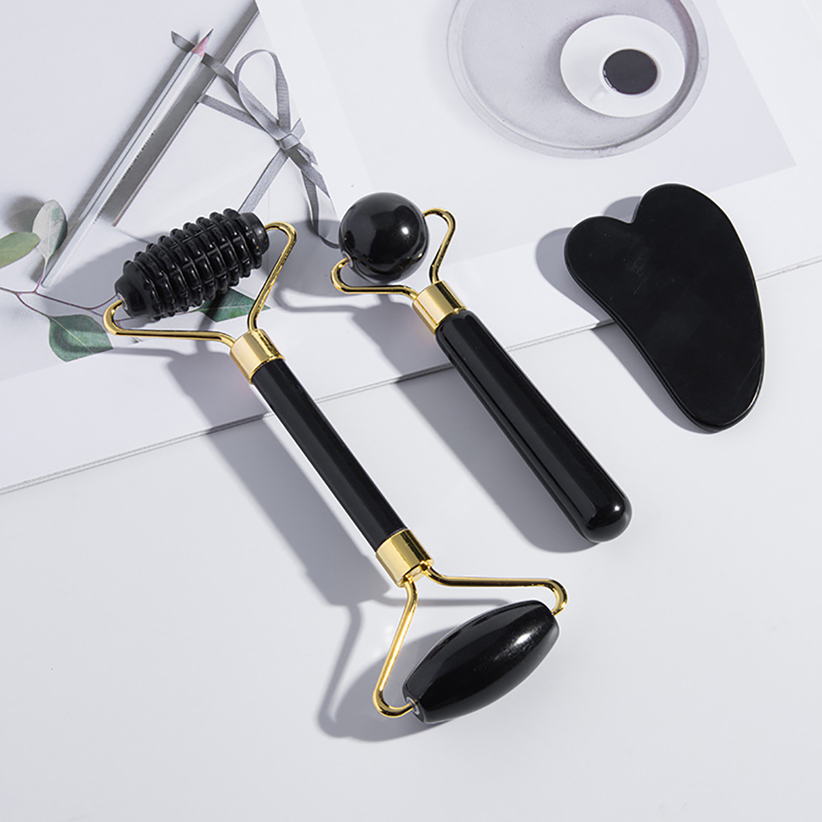 Jade Roller and Gua Sha Set - Face Massager 3 in 1 Kit - Massage Tools Set for Body Muscle Relaxing Relieve Wrinkles (Black)