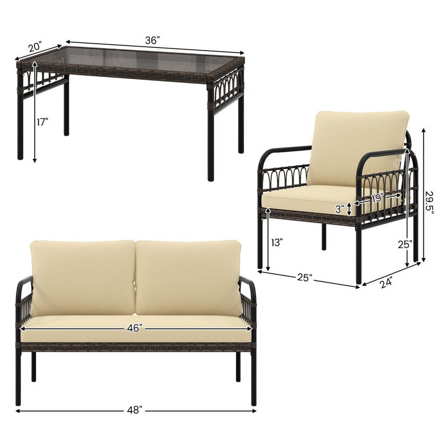 Aimee Lii 4 Pieces Outdoor Wicker Conversation Bistro Set with Cushions and Glass Coffee Table, Outdoor Patio Set, Beige Aimee Lii 4 Pieces Outdoor Wicker Conversation Bistro Set with Cushions and Glass Coffee Table, Outdoor Patio Set, Beige