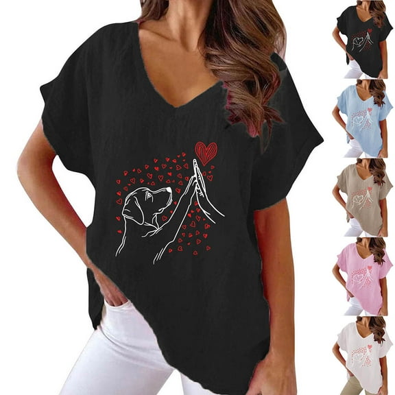 Heart Graphic Tees Women Plus Size Cute Valentine's Day Shirts for Holiday Cotton Linen Blouses Short Sleeve V-Neck Summer Tops