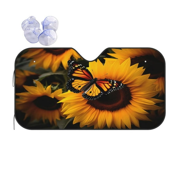 KAKALAD Beautiful Sunflower With Butterfly 02 Universal Windshield Car Sun Shades Accordion Folding Auto Aluminum Sunshade 51"x 27.5"