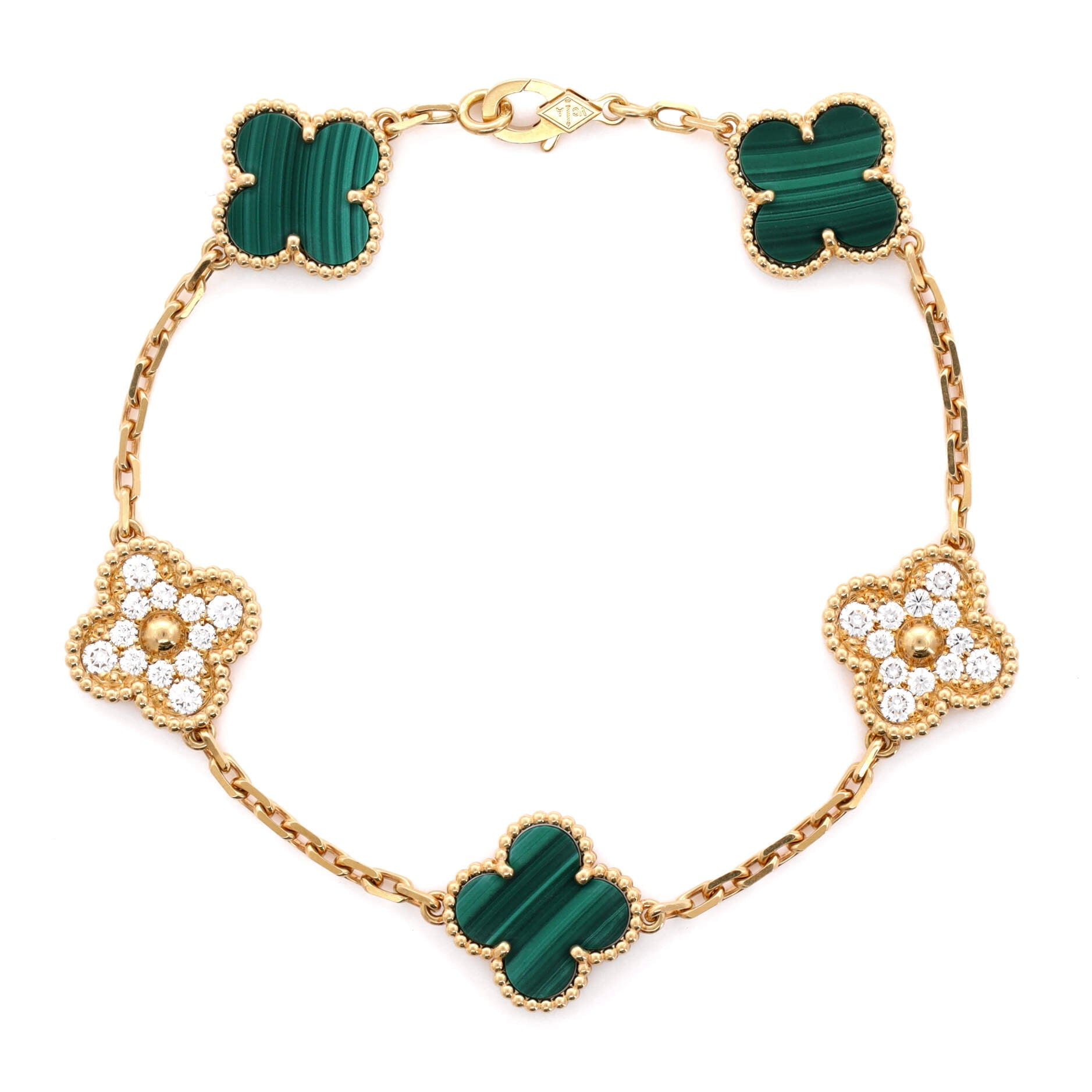 Pre-Owned Van Cleef & Arpels Vintage Alhambra 5 Motifs Bracelet 18K Yellow Gold and Malachite with Diamonds By Rebag