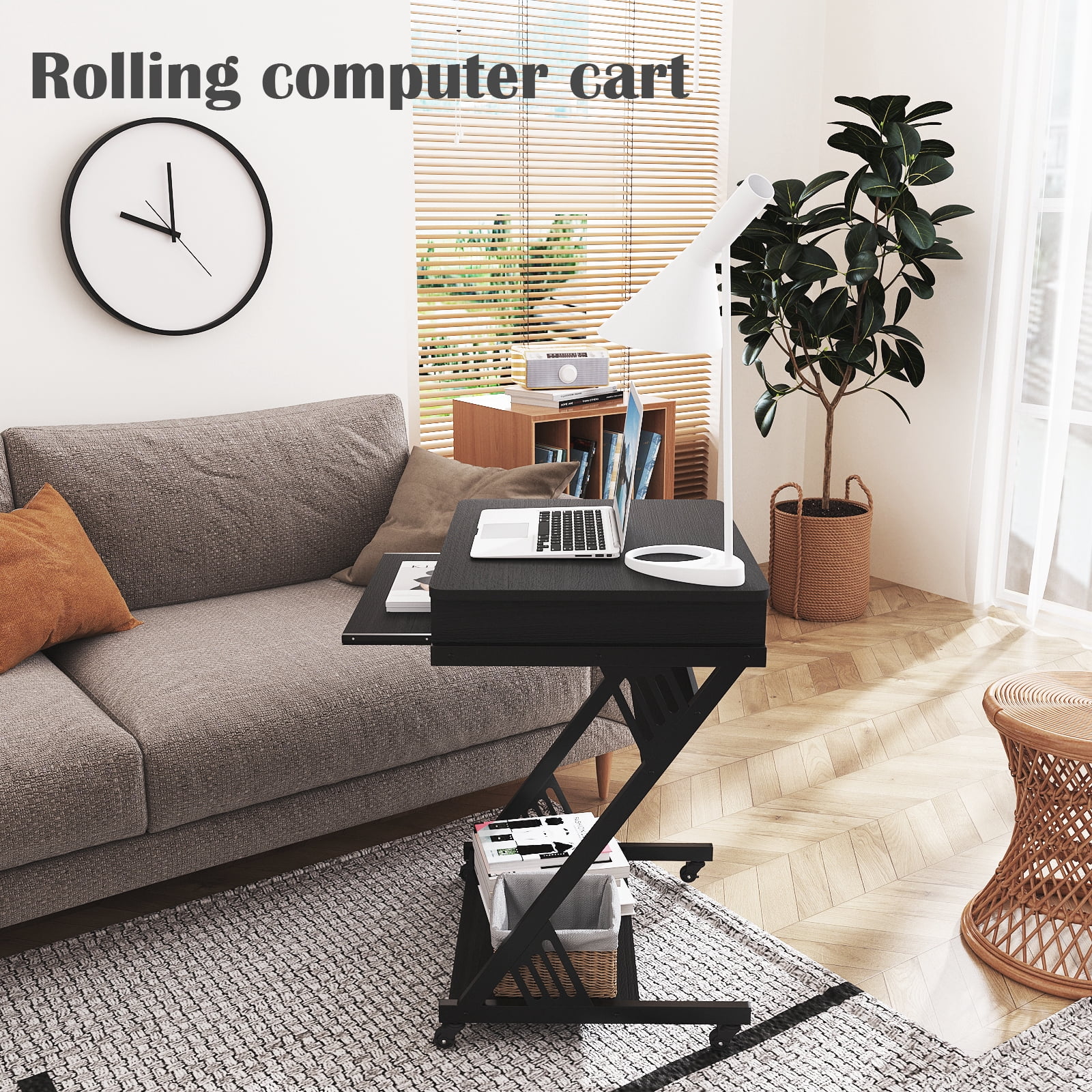 MIN EN WIN 2 Tiers Rolling Computer Desk with Keyboard Tray and Printer Shelf for Home Office, Mobile Computer Desk for Small Space, Retro Computer Table Compact PC Laptop Workstation, Rustic Black
