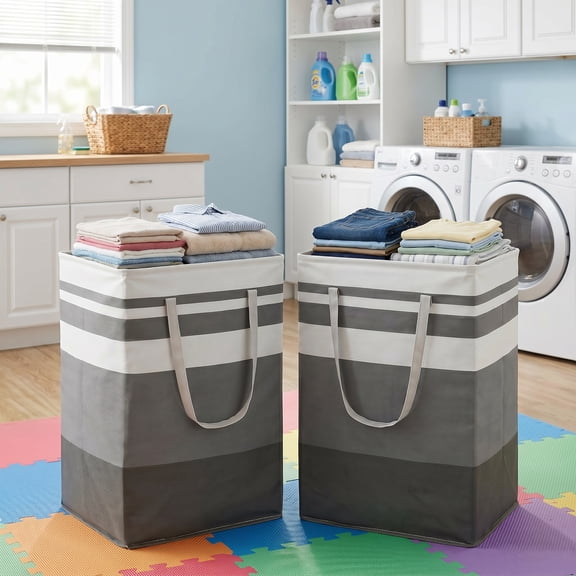 2 Pack Extra Large Laundry Basket, Collapsible Waterproof Laundry Hamper, Heavy-Duty Handled Freestanding Storage Bin, 75L Grey Organizer for Clothes