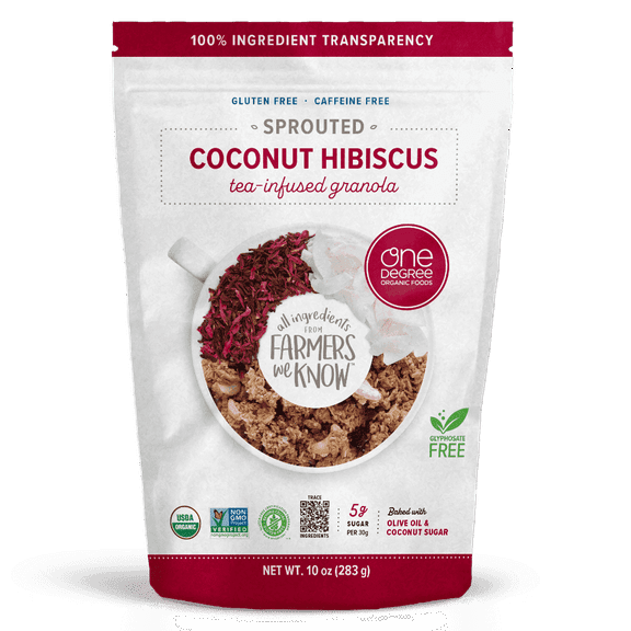 One Degree Organic Foods Gluten Free Tea Infused Granola Sprouted Coconut Hibiscus - 10 oz Pack of 4