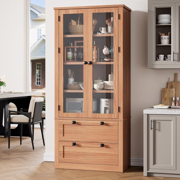 71" Tall Kitchen Pantry Cabinet - Modern Display Storage Cabinet with 2 Large Drawers, Glass Doors, and Adjustable Shelves, Farmhouse Kitchen Cupboard for Dining Room, Bathroom, Living Room, Walnut