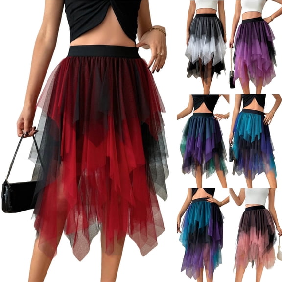 YHAJDS Women Skirts Midi Length High Waist Multi Layer Mesh Asymmetric Hem Summer Elegant Style