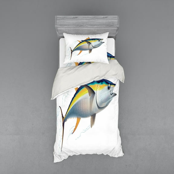 Fish Duvet Cover Set, Yellowfin Tuna Realistically Illustrated Shadows and Water Details on Fins, Bedding Set with Shams and Fitted Sheet, 3 Sizes, by Ambesonne