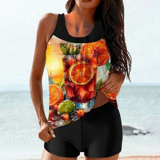 Trajes de baño Amzcrzy Tankini para mujer, trajes de baño, trajes de baño de dos piezas, bikini para mujer con estampado conservador y espalda de tiras, traje de baño multicolor, XL