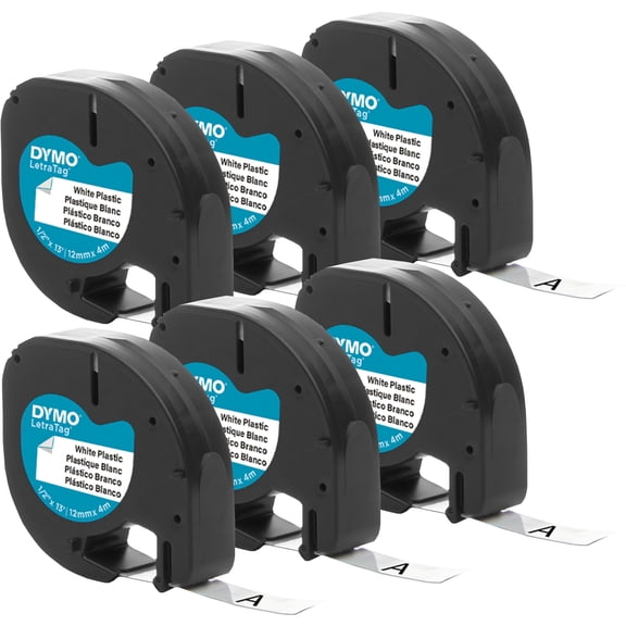 Dymo LetraTag Labelmaker 1/2" Plastic Labels 0.50" Width - White - Plastic - 6 / Pack