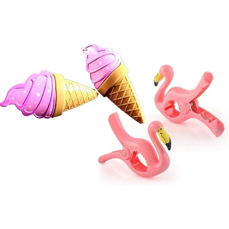 2 Set (4 Ct) Pink Flamingo / Pink Ice Cream Beach Towel Clips Jumbo Size for Beach Chair, Cruise Beach Patio, Pool Accessories for Chairs, Household Clip, Baby Stroller