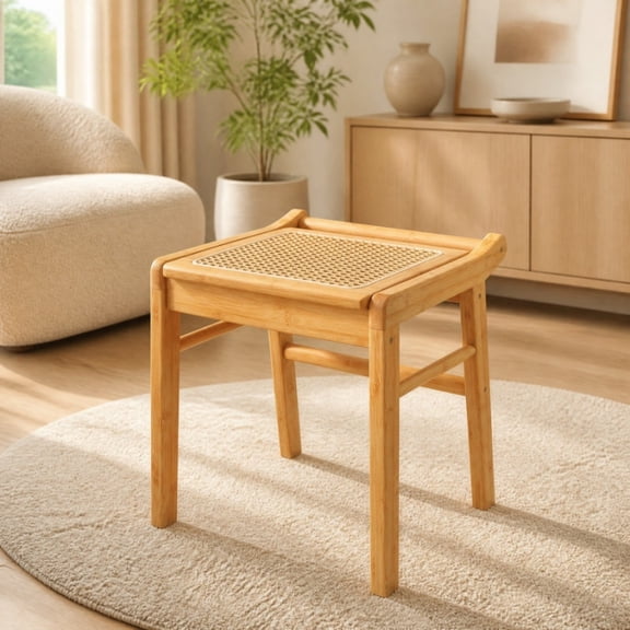 ELLEGNT Natural Bamboo Vanity Stool and Footrest 15 x 16 x 17 in with Breathable Faux Rattan Seat