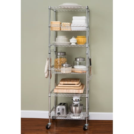 HSS 6 Tier Wire Shelf Tower Unit with Casters & Shelf Liners, Chrome, Capacity 500 lbs