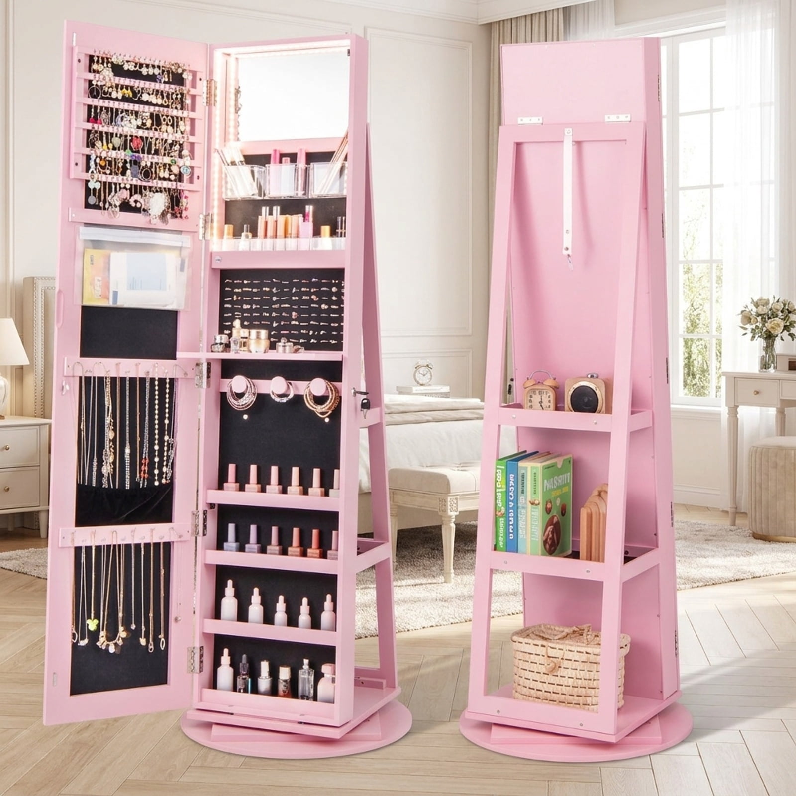 Furnibear 360° Rotating Mirrored Jewelry Cabinet Armoire 3 Color LED Modes Lockable for Bedroom Dressing Room Jewelry Necklace Rings Storage, Pink