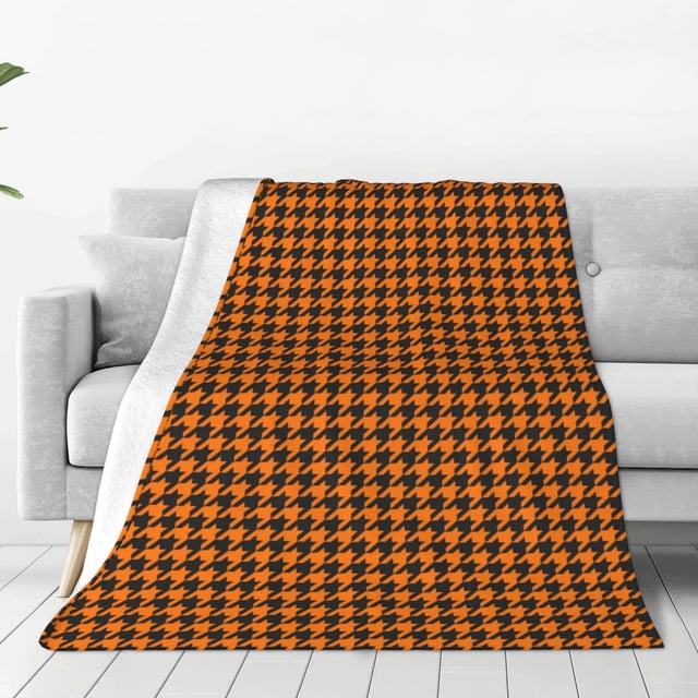 Fotbe Black And Orange Houndstooth Manta de Franela Acolchonada con Estampado, Súper Suave y Esponjosa, Extra Grande para Sofá, Cama, Uso Todo el Año-80"x60"