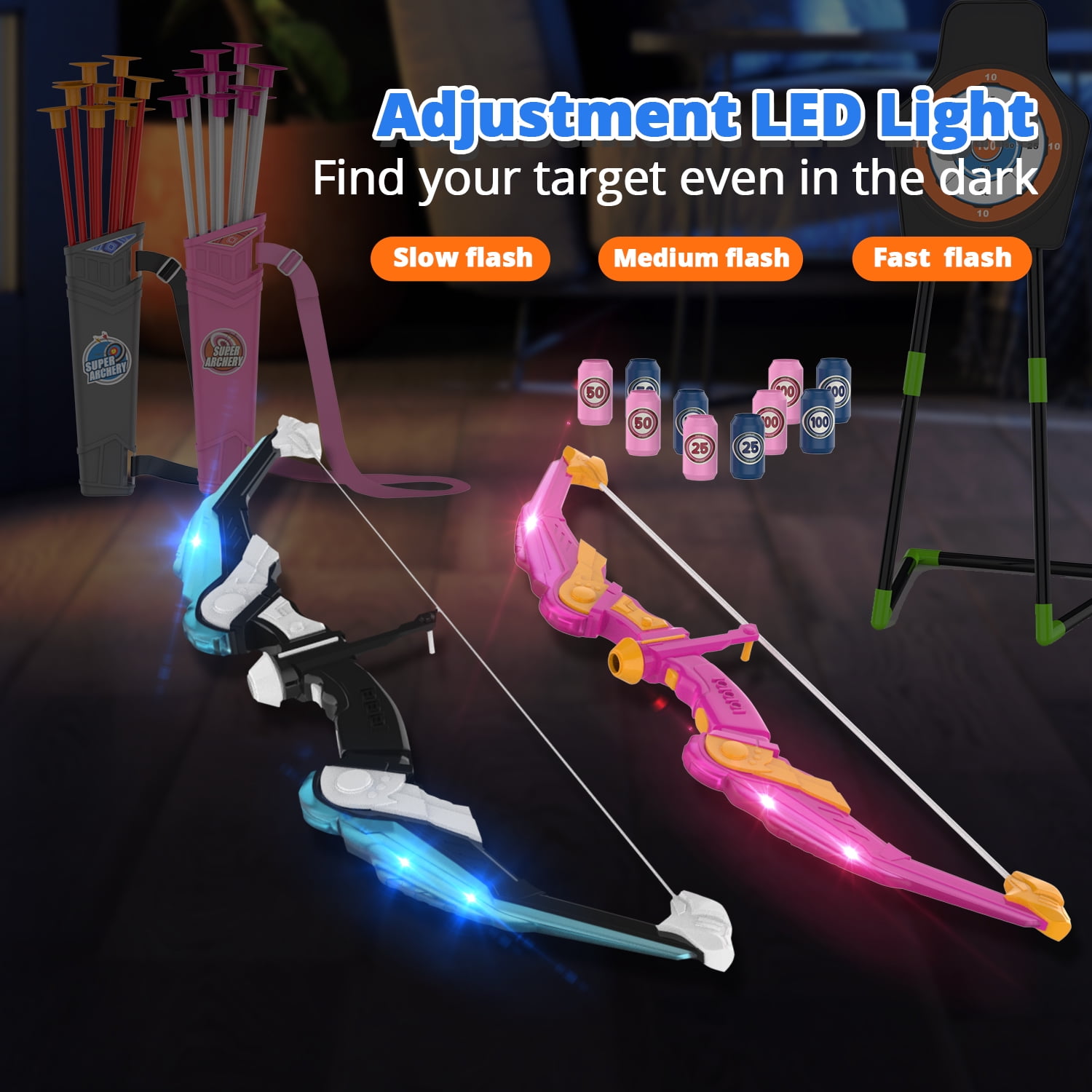 WonderStone 2-Pack Bow and Arrow for Kids, LED Light-Up Archery Set with 20 Suction Cup Arrows, Standing Target & Quiver, Outdoor Yard Games Toys for Ages 4-13