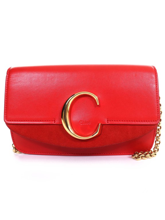 Pre-Owned Chloé Chloe CHC19SS192A37640 C logo suede leather and chain shoulder bag in red with...