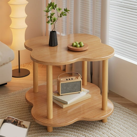 Taicans Round End Table,Small Round 2 Tier Wooden Side End Table,Four-Leaf Clover Bedside Table,Small Side Table Living Room Corner Table Drink Table for Living Room,Bedroom Beige