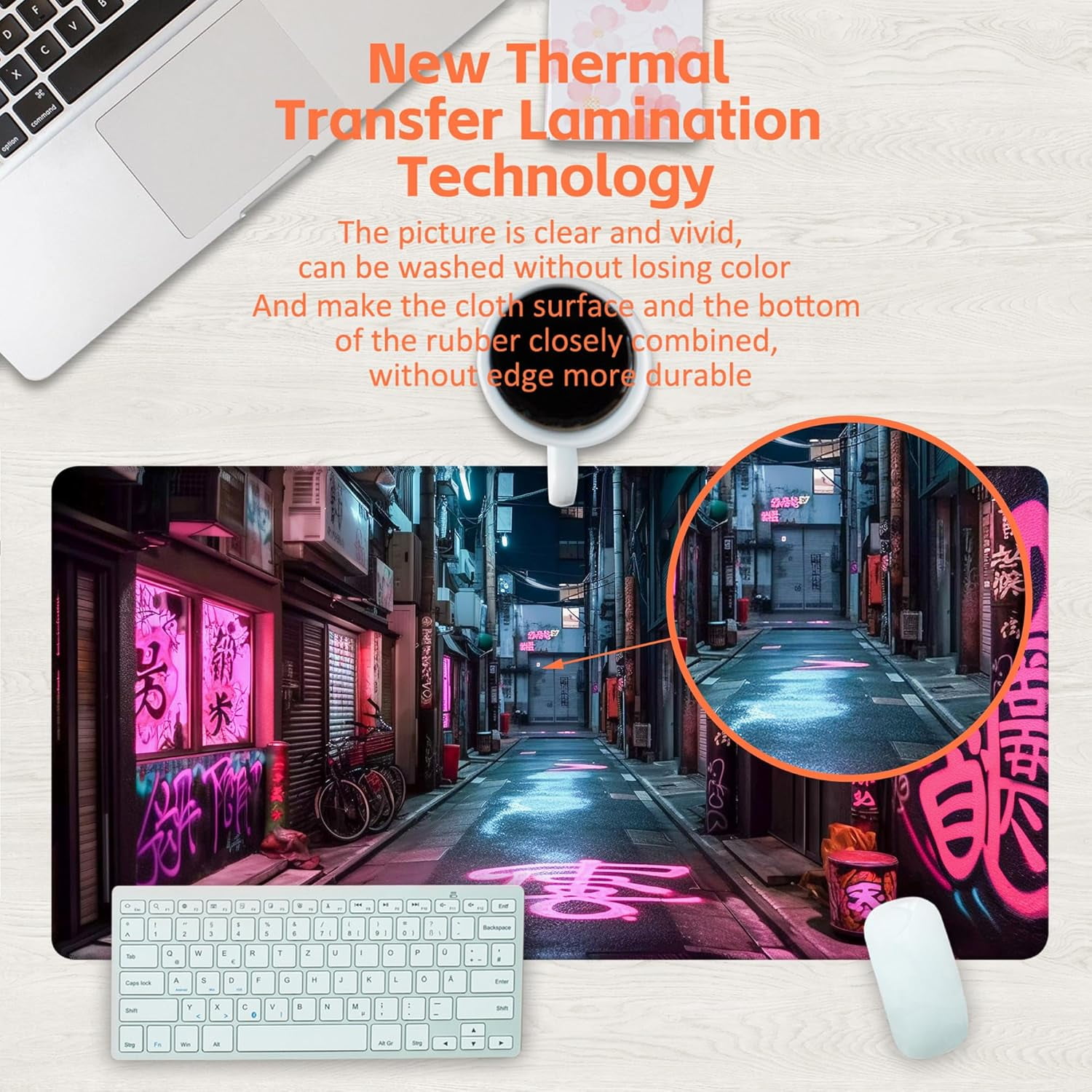 Desk Pad, Anime City Street Scene Desk Mat, Pink Neon Street Large Gaming Mouse Pad for Desk, 31.5"x11.8" Extended Big Computer Keyboard Mouse Pad with Non-Slip Base and Stitched Edge