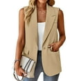 thumbnail image 4 of Womens Tops Dressy Casual Women'S Sleeveless Coat Solid Color Cardigan Suit Lapel Jacket With Pockets Summer Beige, 4 of 9